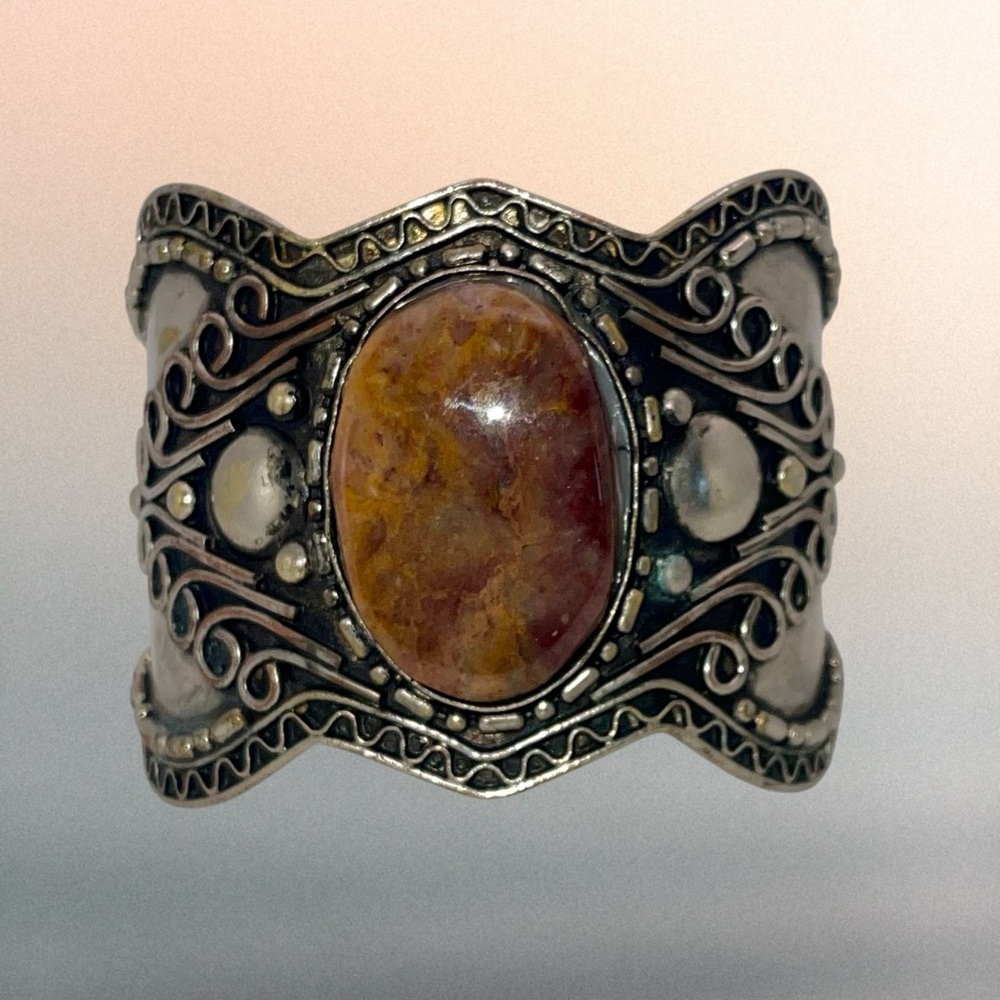 Gorgeous Vintage Silver Plated Ornate Cuff Bracelet With Jasper Stone Statement